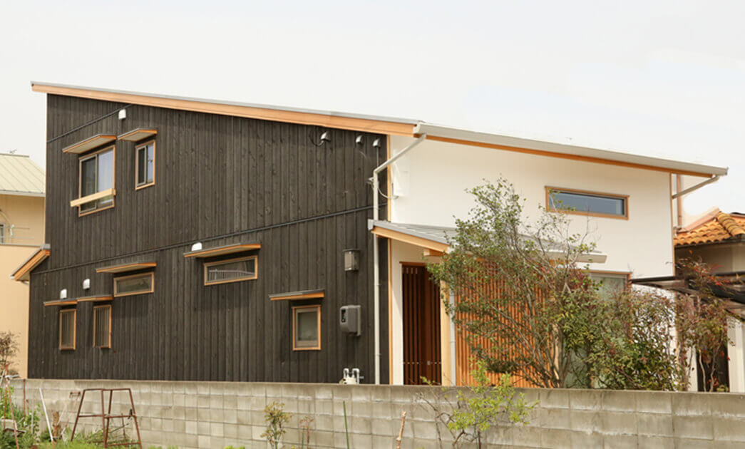 漆喰の白と本焼きの黒 大きな吹き抜けのある家